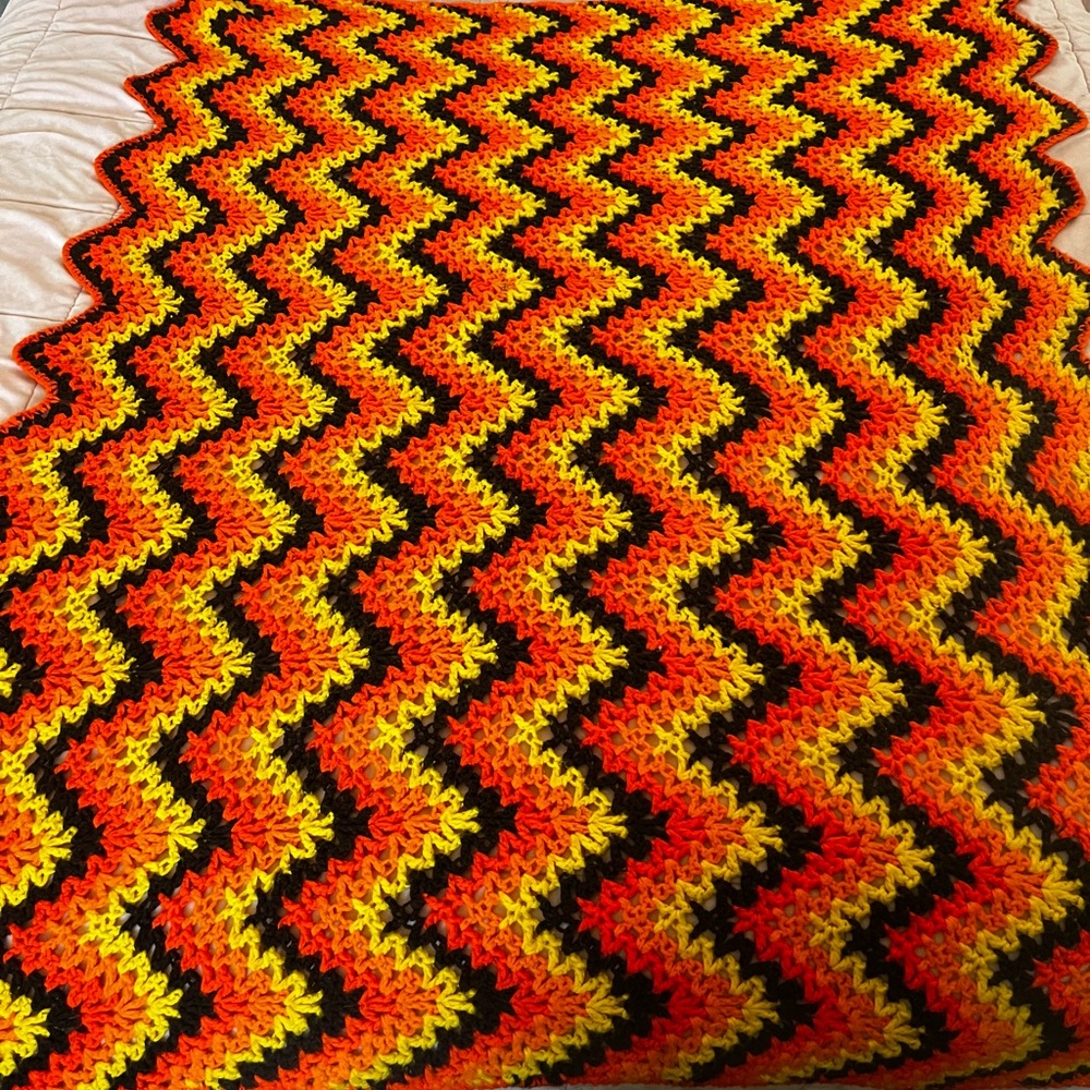 Vintage Handmaid Crochet Chevron Afghan Blanket